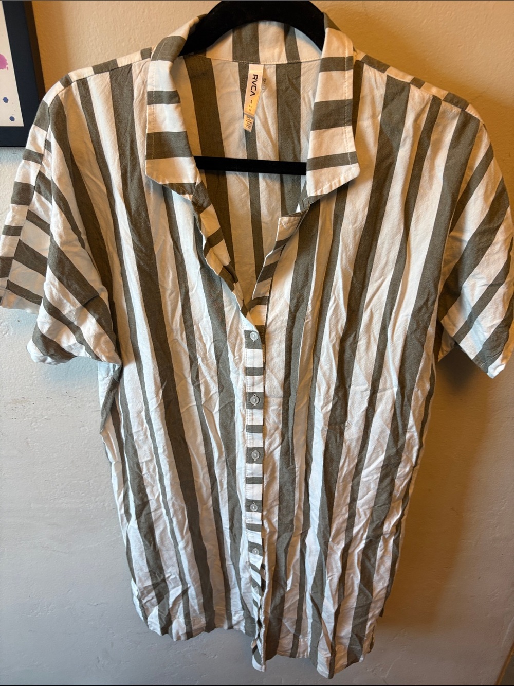 RVCA Olive & White Vertical Stripe Short-Sleeve Button-Down Shirt Dress